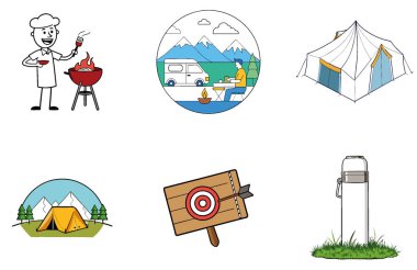 Kamp Paketi. Turuncu Çadır Macera Toplama Simgeleri. Al, Image Set 'i oluşturdu. Clipart çizgi film deisgn simgeleri