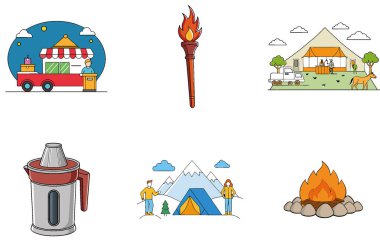 Kamp Paketi. Yiyecek Toplama Simgeleri Hazırlama Programı. Al, Image Set 'i oluşturdu. Clipart çizgi film deisgn simgeleri