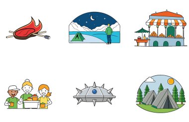 Kamp Paketi. Dağcılar Everest Seferi Toplama Simgeleri. Al, Image Set 'i oluşturdu. Clipart çizgi film deisgn simgeleri