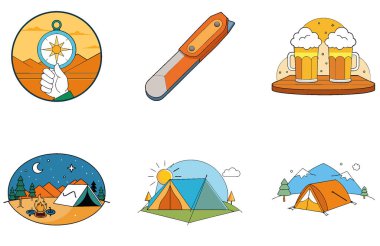 Kamp Paketi. Mülteci Kampı Gece Toplama Simgeleri. Al, Image Set 'i oluşturdu. Clipart çizgi film deisgn simgeleri