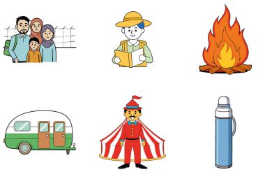 Kamp Paketi. Sunset Dağları Dağcı Koleksiyon Simgeleri. Al, Image Set 'i oluşturdu. Clipart çizgi film deisgn simgeleri