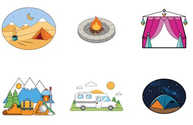 Kamp Paketi. Yürüyüş Botları Macera Toplama Simgeleri. Al, Image Set 'i oluşturdu. Clipart çizgi film deisgn simgeleri