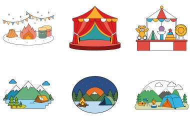 Kamp Paketi. Huzur Kamp Ateşi Toplama Simgeleri. Al, Image Set 'i oluşturdu. Clipart çizgi film deisgn simgeleri