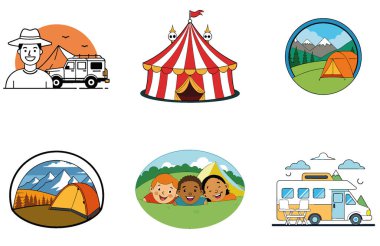 Kamp Paketi. Terk Edilmiş Fabrika Kalıntıları Toplama Simgeleri. Al, Image Set 'i oluşturdu. Clipart çizgi film deisgn simgeleri
