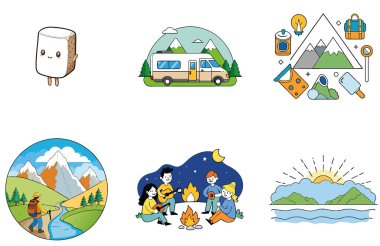 Kamp Paketi. Laptop ve Su Şişesi Çalışma Simgeleri. Al, Image Set 'i oluşturdu. Clipart çizgi film deisgn simgeleri