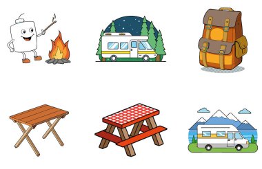 Kamp Paketi. Lüks Jakuzi Glamping Koleksiyon Simgeleri. Al, Image Set 'i oluşturdu. Clipart çizgi film deisgn simgeleri