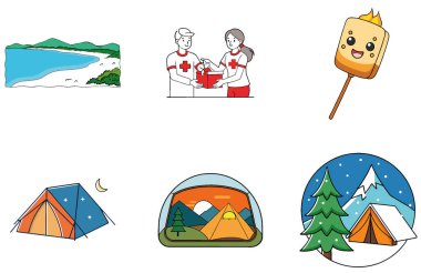 Kamp Paketi. Gece Feneri Sirki Çadır Koleksiyonu Simgeleri. Al, Image Set 'i oluşturdu. Clipart çizgi film deisgn simgeleri