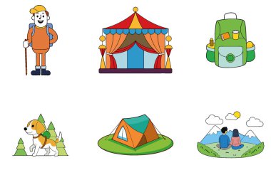 Kamp Paketi. Vintage Circus Çadır Koleksiyonu Simgeleri. Al, Image Set 'i oluşturdu. Clipart çizgi film deisgn simgeleri