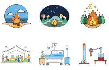 Kamp Paketi. Beyaz Karavan Tropikal Kaçış Koleksiyonu Simgeleri. Al, Image Set 'i oluşturdu. Clipart çizgi film deisgn simgeleri