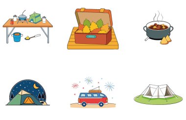 Kamp Paketi. Çift ve Köpek Kamp Ateşi Toplama Simgeleri. Al, Image Set 'i oluşturdu. Clipart çizgi film deisgn simgeleri