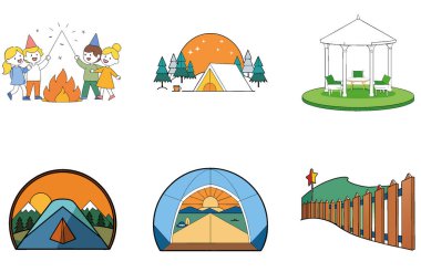 Kamp Paketi. Renkli Karnaval Oyunları Toplama Simgeleri. Al, Image Set 'i oluşturdu. Clipart çizgi film deisgn simgeleri