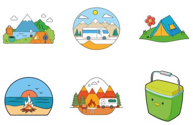 Kamp Paketi. Dağlık Kamp Bölgesi Günbatımı Toplama Simgeleri. Al, Image Set 'i oluşturdu. Clipart çizgi film deisgn simgeleri