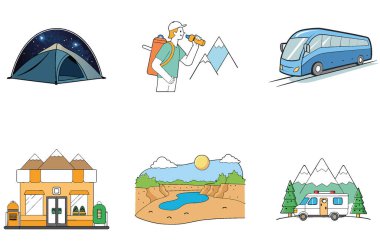 Kamp Paketi. Aile Karavan Gölü Macera Toplama Simgeleri. Al, Image Set 'i oluşturdu. Clipart çizgi film deisgn simgeleri
