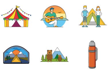 Kamp Paketi. Çiftçi Pazarı Taze Ürün Toplama Simgeleri. Al, Image Set 'i oluşturdu. Clipart çizgi film deisgn simgeleri