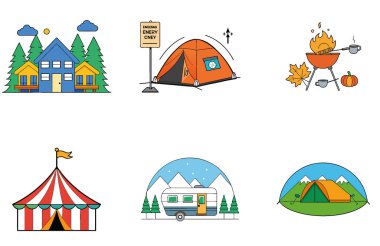 Kamp Paketi. Arkadaşlar Şenlik Ateşi Yaz Gecesi Koleksiyonu Simgeleri. Al, Image Set 'i oluşturdu. Clipart çizgi film deisgn simgeleri