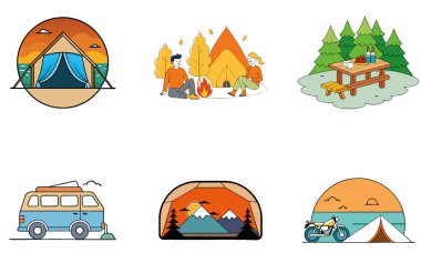 Kamp Paketi. Lüks Karavan İç Koleksiyon Simgeleri. Al, Image Set 'i oluşturdu. Clipart çizgi film deisgn simgeleri