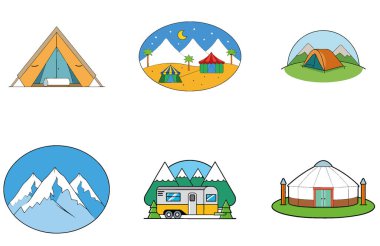 Kamp Paketi. Mülteciler Kampı Toplama Simgeleri. Al, Image Set 'i oluşturdu. Clipart çizgi film deisgn simgeleri