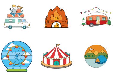 Kamp Paketi. Motosiklet Yanan Alev Toplama Simgeleri. Al, Image Set 'i oluşturdu. Clipart çizgi film deisgn simgeleri