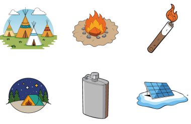 Kamp Paketi. Off-Road Mountain Macera Toplama Simgeleri. Al, Image Set 'i oluşturdu. Clipart çizgi film deisgn simgeleri