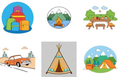 Kamp Paketi. Turuncu SUV Kamp Teçhizat Toplama Simgeleri. Al, Image Set 'i oluşturdu. Clipart çizgi film deisgn simgeleri