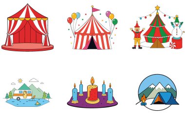 Kamp Paketi. Kırmızı ve Beyaz Sirk Çadır Toplama Simgeleri. Al, Image Set 'i oluşturdu. Clipart çizgi film deisgn simgeleri