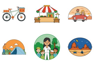 Kamp Paketi. Serene Lakeside Kampı Günbatımı Toplama Simgeleri. Al, Image Set 'i oluşturdu. Clipart çizgi film deisgn simgeleri