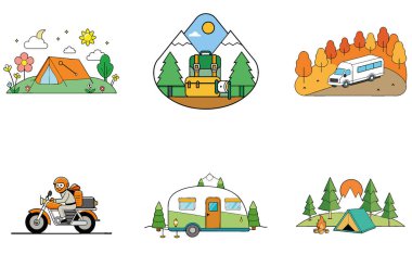 Kamp Paketi. Sinsi Avcı Kamuflaj Toplama Simgeleri. Al, Image Set 'i oluşturdu. Clipart çizgi film deisgn simgeleri