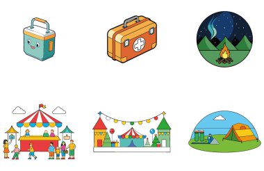 Kamp Paketi. Parlayan Çadır Gece Gökyüzü Toplama Simgeleri. Al, Image Set 'i oluşturdu. Clipart çizgi film deisgn simgeleri