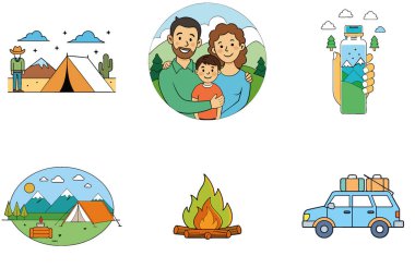 Kamp Paketi. Canlı Kırmızı Sırt Çantası Dağ Toplama Simgeleri. Al, Image Set 'i oluşturdu. Clipart çizgi film deisgn simgeleri