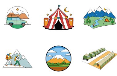 Kamp Paketi. Kış Günbatımı BBQ Toplama Simgeleri. Al, Image Set 'i oluşturdu. Clipart çizgi film deisgn simgeleri