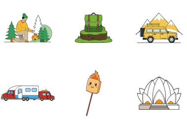 Kamp Paketi. Kahverengi Retriever Yavru Çadır Toplama Simgeleri. Al, Image Set 'i oluşturdu. Clipart çizgi film deisgn simgeleri