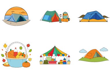 Kamp Paketi. Ateş Çukuru Tripod Macera Toplama Simgeleri. Al, Image Set 'i oluşturdu. Clipart çizgi film deisgn simgeleri