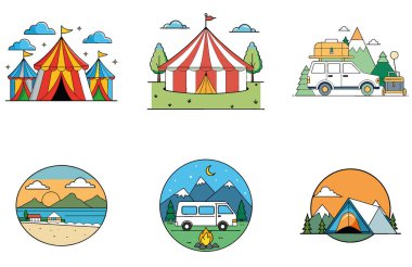 Kamp Paketi. Hayalet Sirk Çadırı Koleksiyon Simgeleri. Al, Image Set 'i oluşturdu. Clipart çizgi film deisgn simgeleri