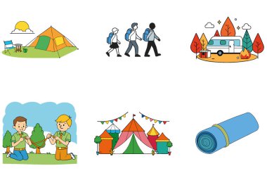 Kamp Paketi. Yürüyüşçü Dinlenme Çadırı Toplama Simgeleri. Al, Image Set 'i oluşturdu. Clipart çizgi film deisgn simgeleri