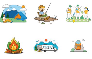 Kamp Paketi. Yürüyüş Yolu Dağ Manzarası Toplama Simgeleri. Al, Image Set 'i oluşturdu. Clipart çizgi film deisgn simgeleri