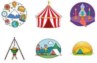 Kamp Paketi. Büyük Şenlik Ateşi Toplama Simgeleri. Al, Image Set 'i oluşturdu. Clipart çizgi film deisgn simgeleri