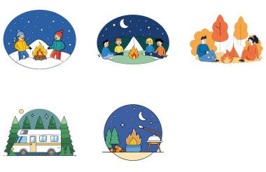 Kamp Paketi. Ladakh Pangong Gölü Yol Toplama Simgeleri. Al, Image Set 'i oluşturdu. Clipart çizgi film deisgn simgeleri