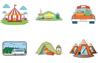 Kamp Paketi. Afrika Savanna Kilimanjaro Koleksiyon Simgeleri. Al, Image Set 'i oluşturdu. Clipart çizgi film deisgn simgeleri