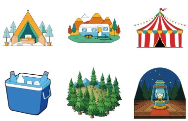 Kamp Paketi. Tahta Masa Ormanı Macera Toplama Simgeleri. Al, Image Set 'i oluşturdu. Clipart çizgi film deisgn simgeleri