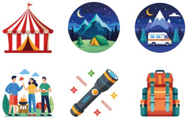 Kamp Paketi. Manzaralı Göl Macera Koleksiyonu Çıkartmaları. Al, Image Set 'i oluşturdu. Clipart çizgi film deisgn simgeleri