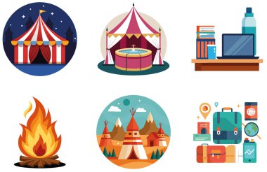 Kamp Paketi. Ayarlanabilir LED Aydınlatma Koleksiyonu Çıkartmaları. Al, Image Set 'i oluşturdu. Clipart çizgi film deisgn simgeleri