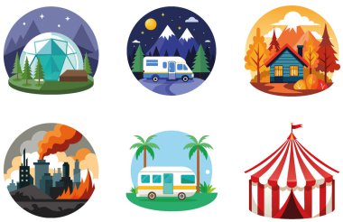 Kamp Paketi. Cızırdayan Barbekü Ziyafeti Etiketleri. Al, Image Set 'i oluşturdu. Clipart çizgi film deisgn simgeleri