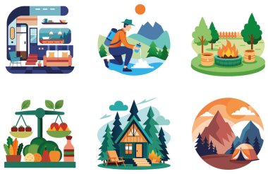 Kamp Paketi. Manzaralı Gece Gökyüzü Macerası Çıkartmaları. Al, Image Set 'i oluşturdu. Clipart çizgi film deisgn simgeleri