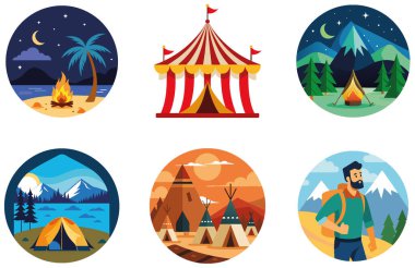 Kamp Paketi. Canlı Festival Biletleri Koleksiyon Etiketleri. Al, Image Set 'i oluşturdu. Clipart çizgi film deisgn simgeleri