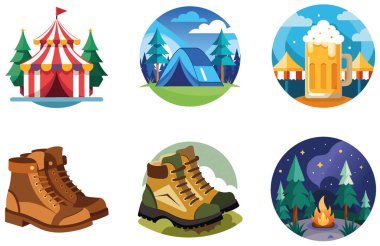 Kamp Paketi. Samimi Sonbahar Kamp Ateşi Toplama Çıkartmaları. Al, Image Set 'i oluşturdu. Clipart çizgi film deisgn simgeleri