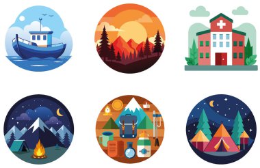 Kamp Paketi. Elektrik prizi güvenlik çıkartması koleksiyonu. Al, Image Set 'i oluşturdu. Clipart çizgi film deisgn simgeleri