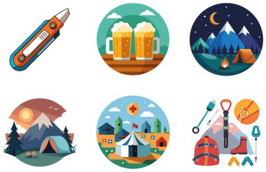 Kamp Paketi. Puslu Orman Çam Toplama Etiketleri. Al, Image Set 'i oluşturdu. Clipart çizgi film deisgn simgeleri