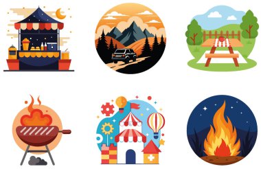 Kamp Paketi. Şenlik Ateşi Plajı Günbatımı Koleksiyonu Çıkartmaları. Al, Image Set 'i oluşturdu. Clipart çizgi film deisgn simgeleri