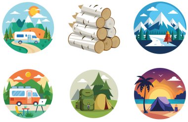 Kamp Paketi. Canlı Açık Hava Karnavalı Koleksiyon Çıkartmaları. Al, Image Set 'i oluşturdu. Clipart çizgi film deisgn simgeleri