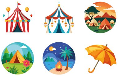 Kamp Paketi. Lüks Çöl Glamping Koleksiyon Çıkartmaları. Al, Image Set 'i oluşturdu. Clipart çizgi film deisgn simgeleri